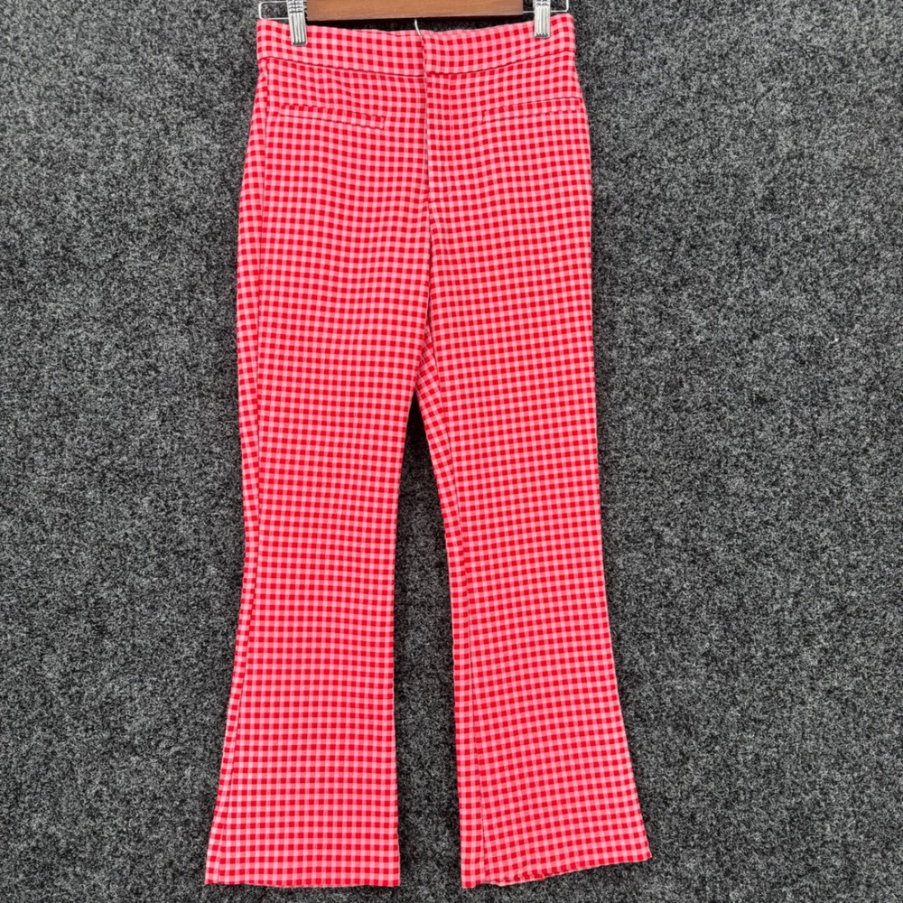 Zara Red Pink Gingham Check Flared Pants High Waisted Trousers XS 24